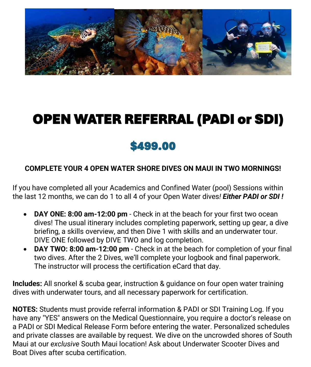 PADI Open Water Referral