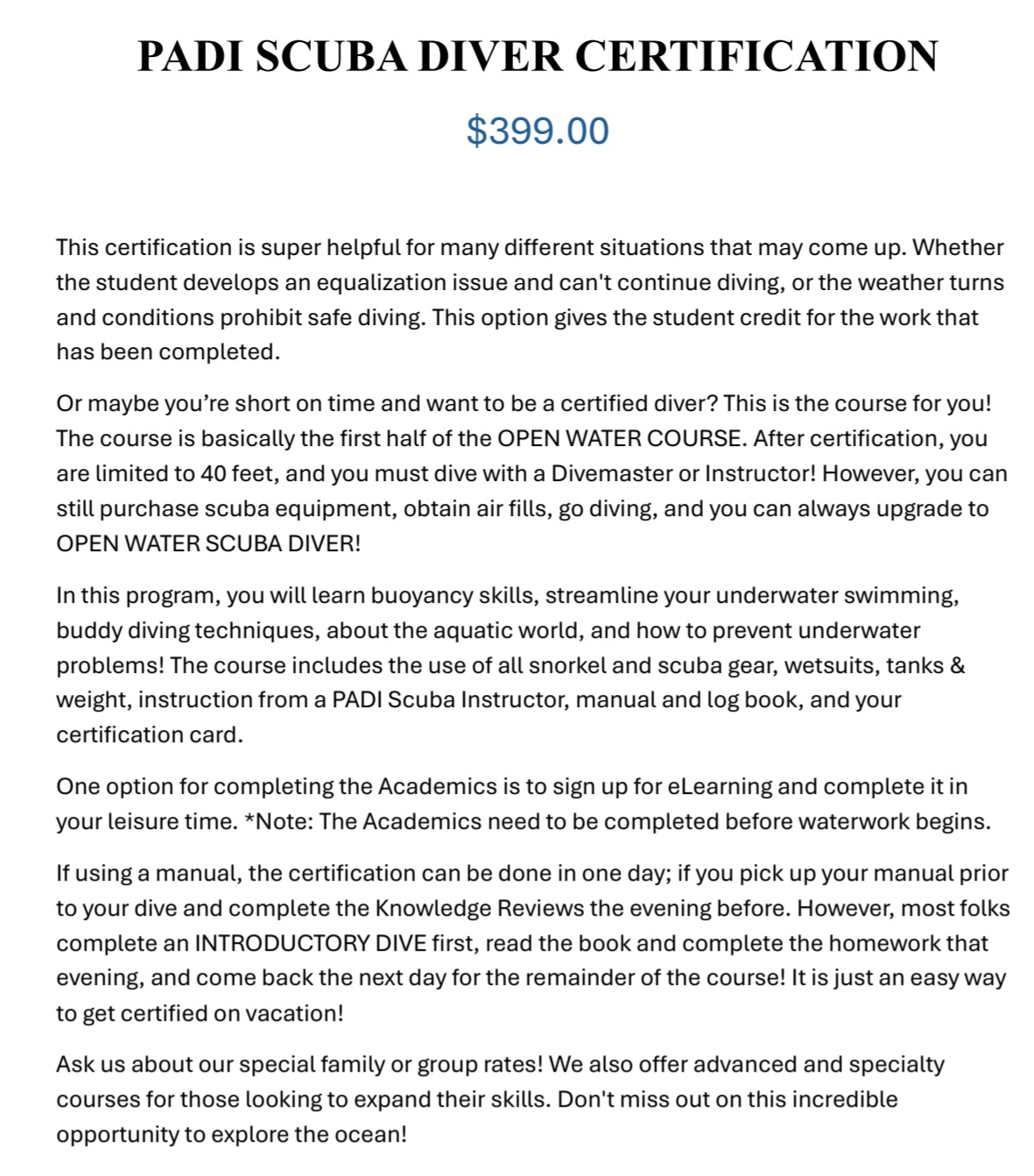 PADI Scuba Diver Certification